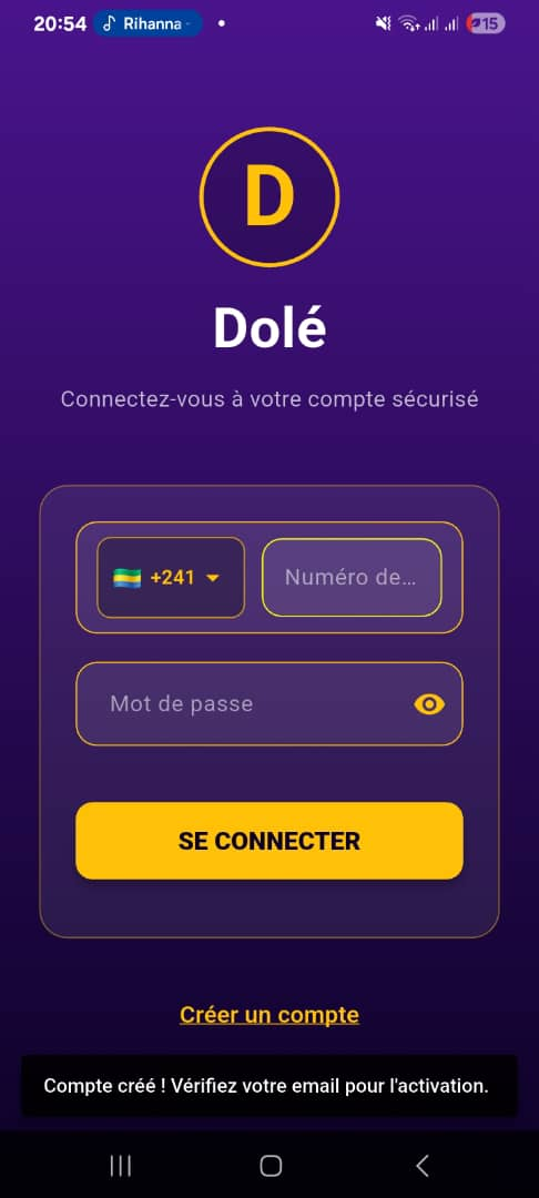Écran de connexion de l'app