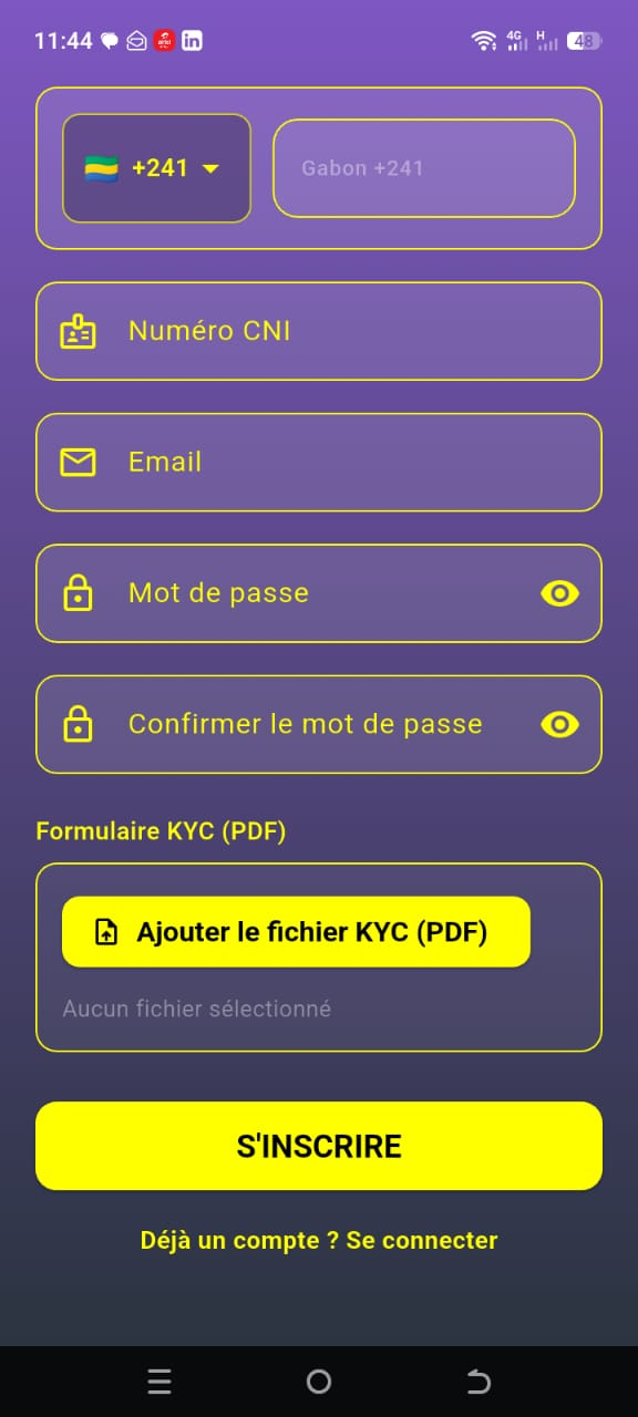 Écran d'inscription de l'app